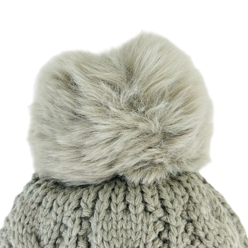 Cozycore Cable Knit Beanie Faux Fur Pom Pom Fleece Lined Winter Hat Unisex Gray‎
